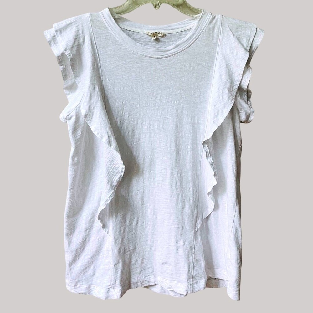Cotton Bleu White Short Sleeve Slub Knit Ruffle Sleeve Tee Top Womens Small